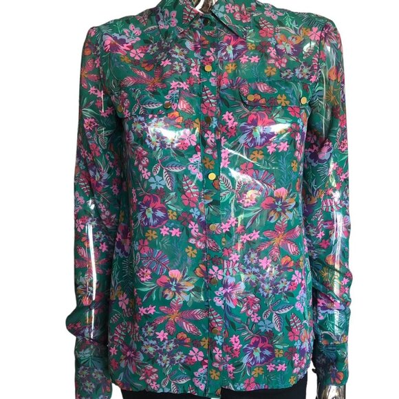 Floral Sheer Blouse with Back Slit & Gold Buttons - Picture 2 of 4